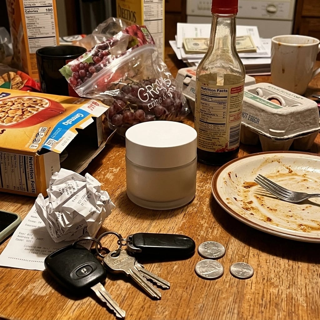 Cream product on cluttered office desk before AI enhancement