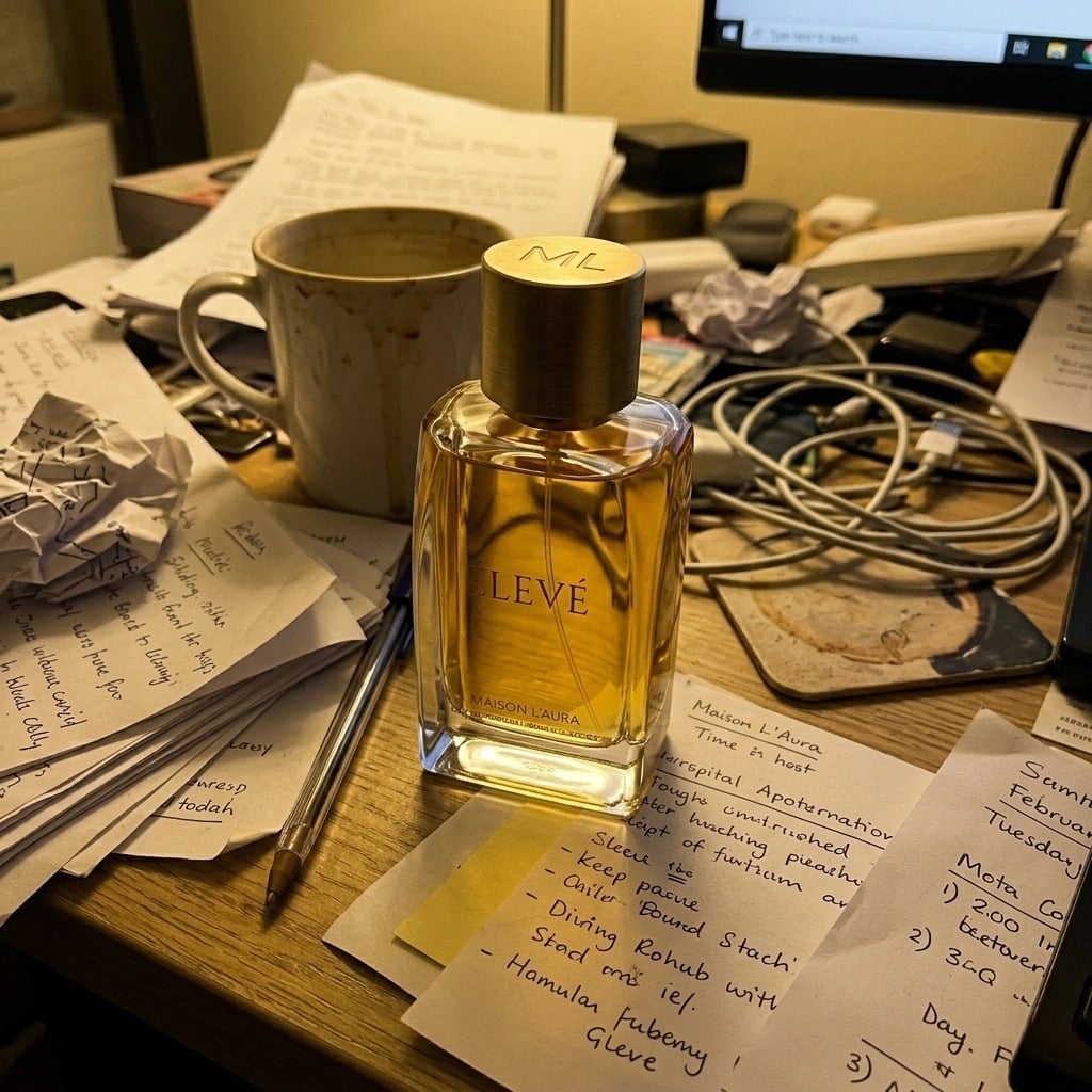 Amateur perfume photo on messy desk before AI enhancement