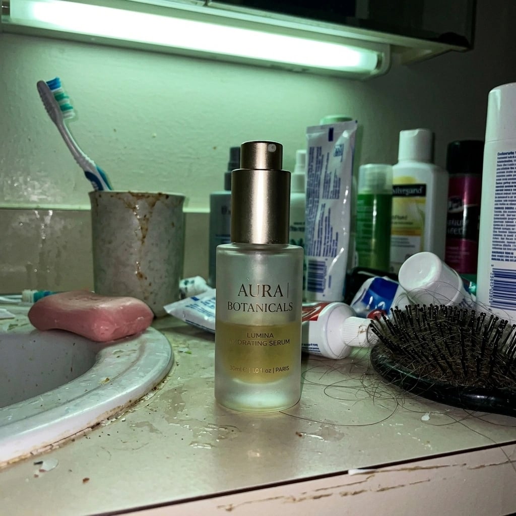 Serum product in bathroom setting before AI enhancement